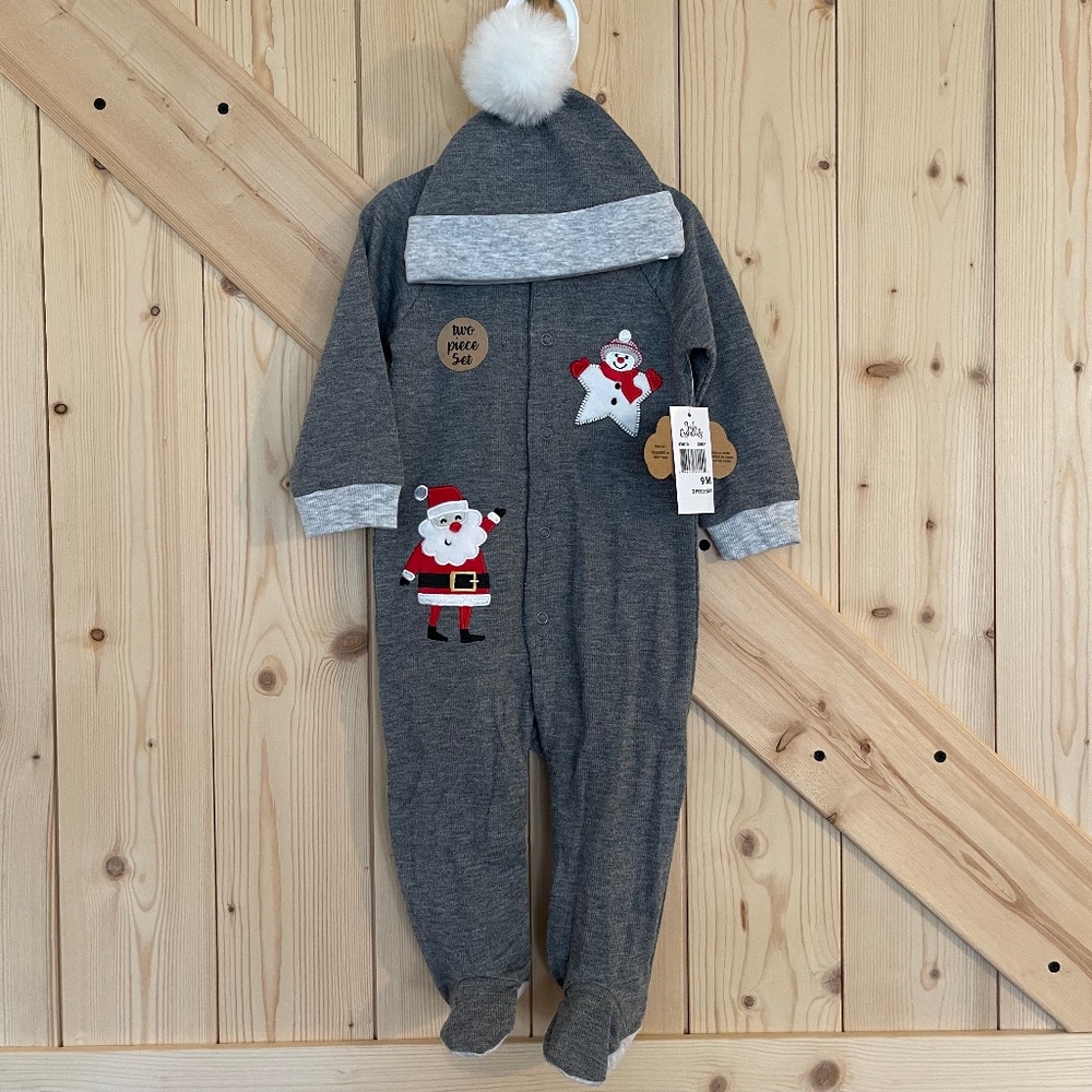Baby Essentials Christmas Santa 2 Piece Footed Onesie & Hat Set NWT Size 9M